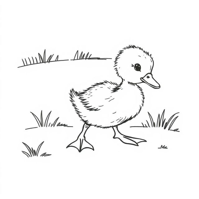 black and white drawing of a curious duckling exploring the backyard, depicted on a simple white background