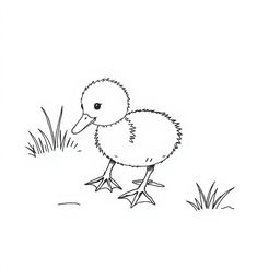 black and white drawing of a curious duckling exploring the backyard, depicted on a simple white background