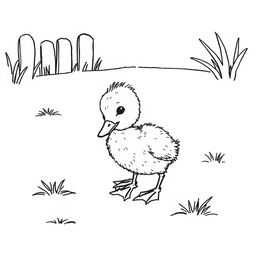 black and white drawing of a curious duckling exploring the backyard, depicted on a simple white background