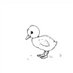 black and white drawing of a curious duckling exploring the backyard, depicted on a simple white background