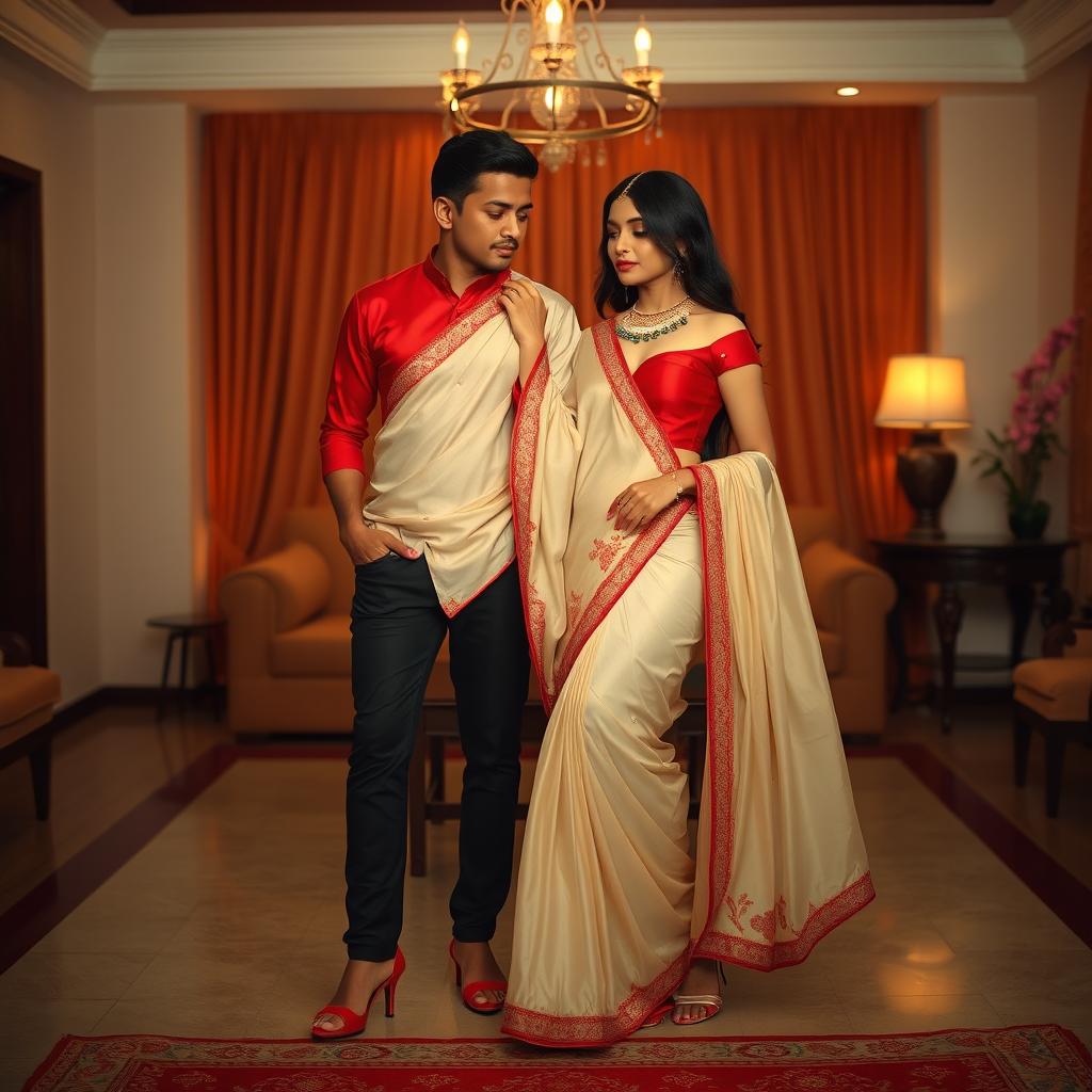 An alluring Thailand woman, embracing her sensuality in an oyo room setting, wears a muga fabric with a cream and red color combination in an elegant chadar and striking red mekhela blouse