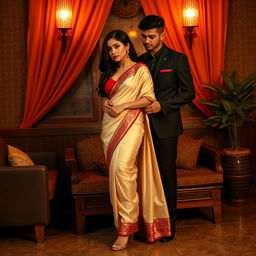 An alluring Thailand woman, embracing her sensuality in an oyo room setting, wears a muga fabric with a cream and red color combination in an elegant chadar and striking red mekhela blouse