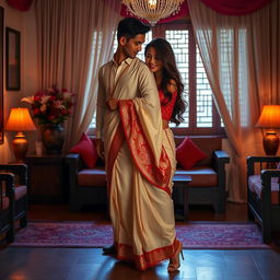 An alluring Thailand woman, embracing her sensuality in an oyo room setting, wears a muga fabric with a cream and red color combination in an elegant chadar and striking red mekhela blouse