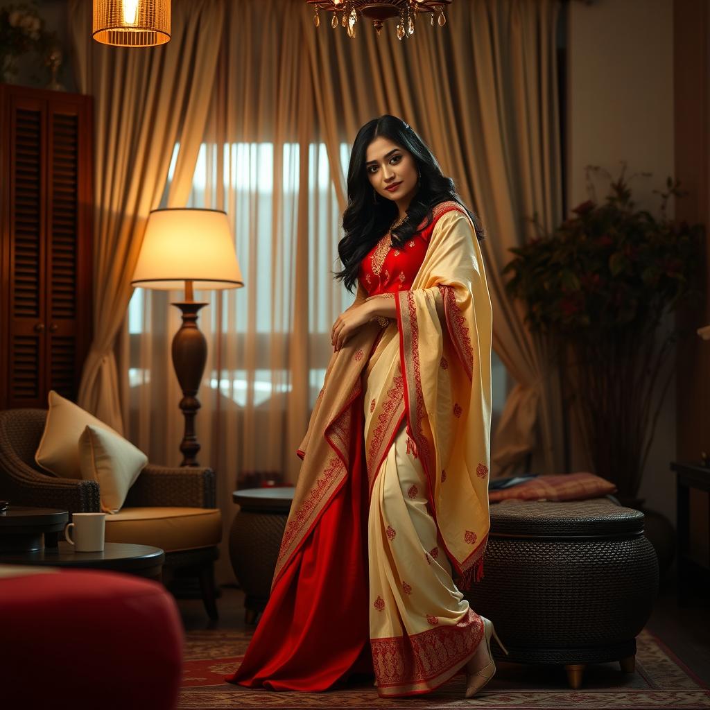 An alluring Thailand woman, embracing her sensuality in an oyo room setting, wears a muga fabric with a cream and red color combination in an elegant chadar and striking red mekhela blouse