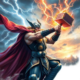 Thor, the God of Thunder, in vibrant colors, wielding his enchanted hammer Mjolnir during an epic battle against the forces of darkness