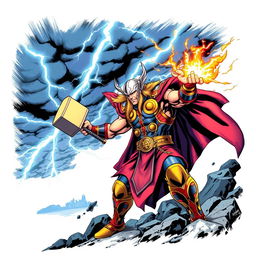 Thor, the God of Thunder, in vibrant colors, wielding his enchanted hammer Mjolnir during an epic battle against the forces of darkness