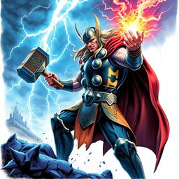 Thor, the God of Thunder, in vibrant colors, wielding his enchanted hammer Mjolnir during an epic battle against the forces of darkness