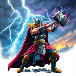 Thor, the God of Thunder, in vibrant colors, wielding his enchanted hammer Mjolnir during an epic battle against the forces of darkness