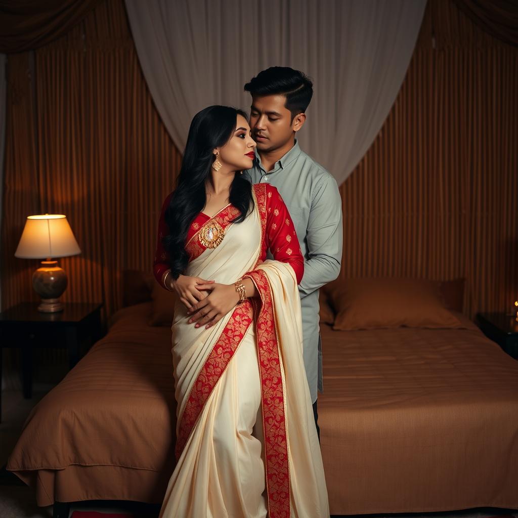 A Thailand woman in an intimate setting with her boyfriend in an oyo room, wearing a beautifully designed cream and red muga chadar and a red mekhela blouse