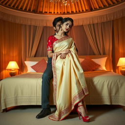 A Thailand woman in an intimate setting with her boyfriend in an oyo room, wearing a beautifully designed cream and red muga chadar and a red mekhela blouse