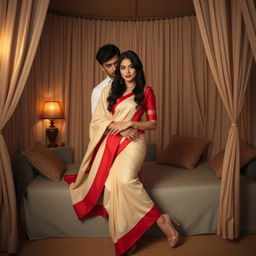 A Thailand woman in an intimate setting with her boyfriend in an oyo room, wearing a beautifully designed cream and red muga chadar and a red mekhela blouse