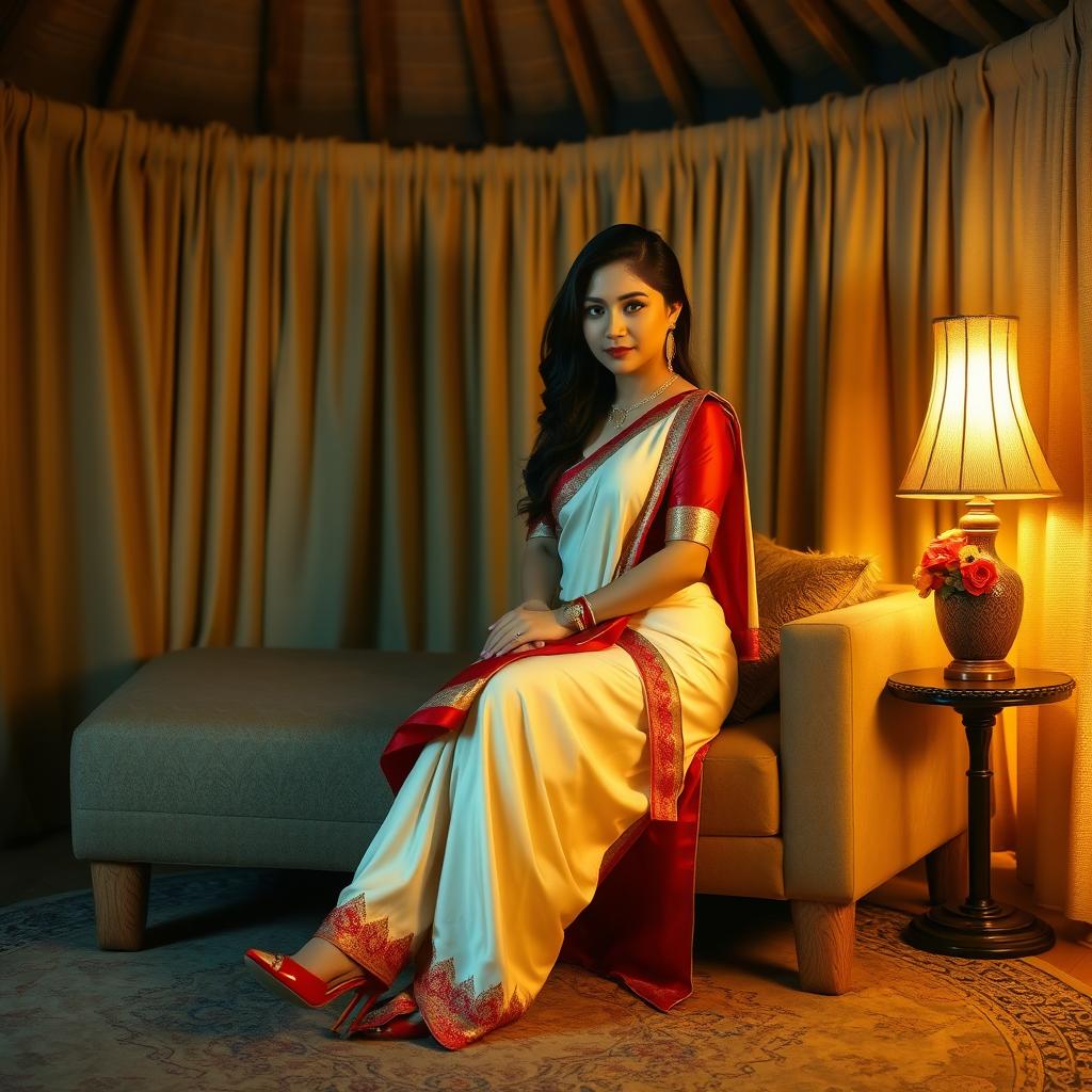 A Thailand woman in an intimate setting with her boyfriend in an oyo room, wearing a beautifully designed cream and red muga chadar and a red mekhela blouse