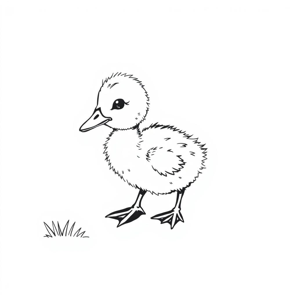 black and white drawing of a cute, curious duckling exploring the backyard, set against a simple white background