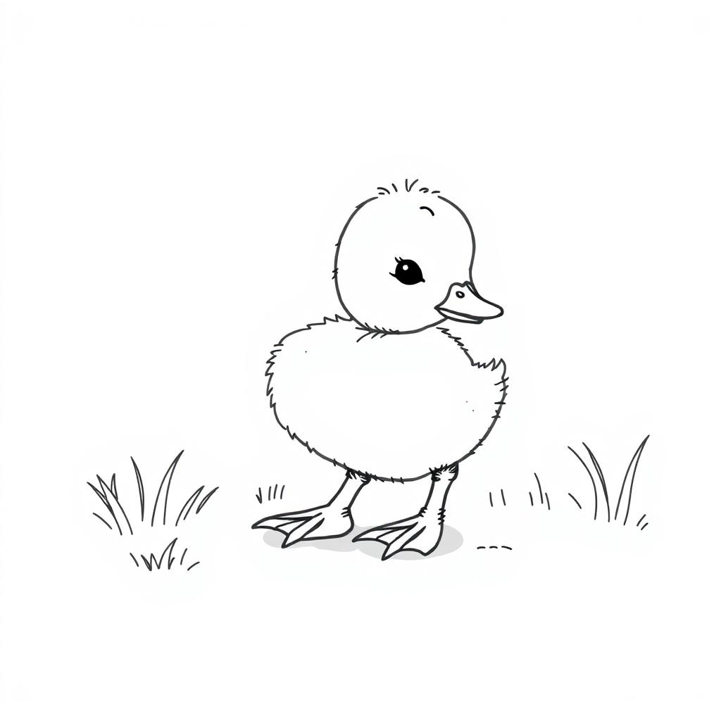 black and white drawing of a cute, curious duckling exploring the backyard, set against a simple white background