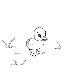 black and white drawing of a cute, curious duckling exploring the backyard, set against a simple white background