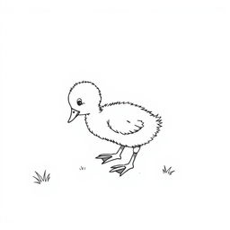 black and white drawing of a cute, curious duckling exploring the backyard, set against a simple white background