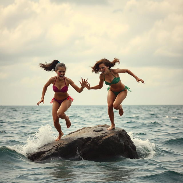 A dramatic scene on a solitary rock in the middle of the ocean, showcasing two fierce girls in bikinis running towards each other with sharp claws