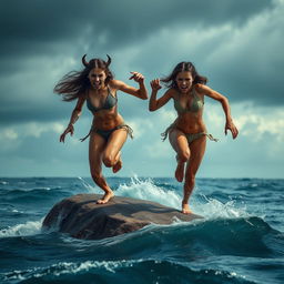 A dramatic scene on a solitary rock in the middle of the ocean, showcasing two fierce girls in bikinis running towards each other with sharp claws