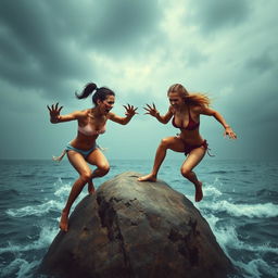 A dramatic scene on a solitary rock in the middle of the ocean, showcasing two fierce girls in bikinis running towards each other with sharp claws