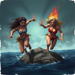 A dramatic scene on a solitary rock in the middle of the ocean, showcasing two fierce girls in bikinis running towards each other with sharp claws