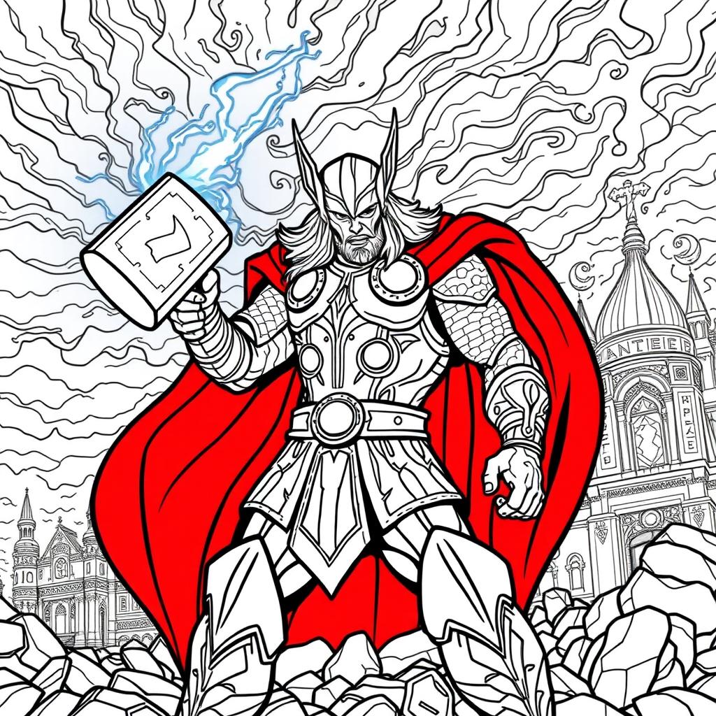 Dynamic coloring page of Thor, the Norse god of thunder, in a powerful pose wielding his enchanted hammer, Mjolnir, as lightning bolts emanate from it