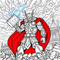 Dynamic coloring page of Thor, the Norse god of thunder, in a powerful pose wielding his enchanted hammer, Mjolnir, as lightning bolts emanate from it