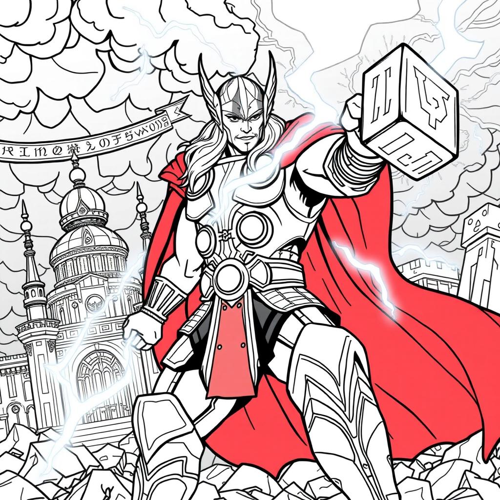 Dynamic coloring page of Thor, the Norse god of thunder, in a powerful pose wielding his enchanted hammer, Mjolnir, as lightning bolts emanate from it