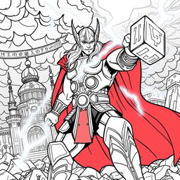 Dynamic coloring page of Thor, the Norse god of thunder, in a powerful pose wielding his enchanted hammer, Mjolnir, as lightning bolts emanate from it