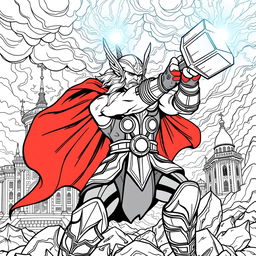 Dynamic coloring page of Thor, the Norse god of thunder, in a powerful pose wielding his enchanted hammer, Mjolnir, as lightning bolts emanate from it