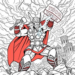 Dynamic coloring page of Thor, the Norse god of thunder, in a powerful pose wielding his enchanted hammer, Mjolnir, as lightning bolts emanate from it