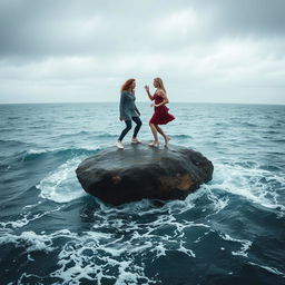 A dramatic scene featuring a large rock in the middle of a vast ocean, with two adult women standing on it