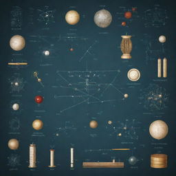 An array of physics-related elements, including formulas, particles, and scientific instruments past to present.