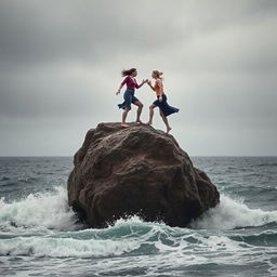 A dramatic scene featuring a large rock in the middle of a vast ocean, with two adult women standing on it