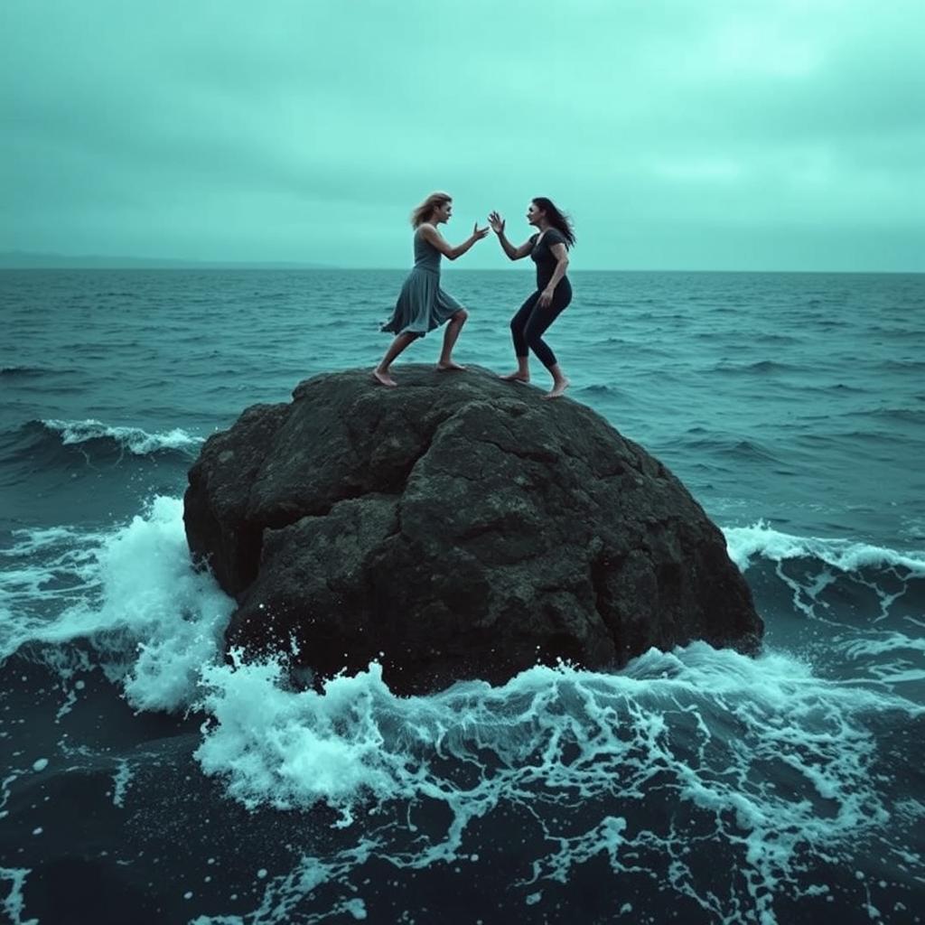 A dramatic scene featuring a large rock in the middle of a vast ocean, with two adult women standing on it