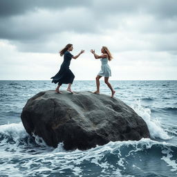 A dramatic scene featuring a large rock in the middle of a vast ocean, with two adult women standing on it