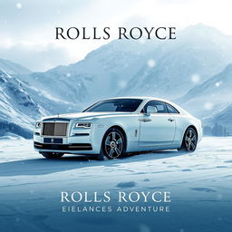 A cinematic movie poster featuring a white Rolls Royce Spectre amidst a snowy landscape