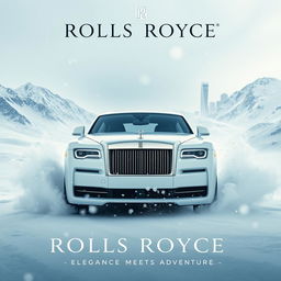 A cinematic movie poster featuring a white Rolls Royce Spectre amidst a snowy landscape