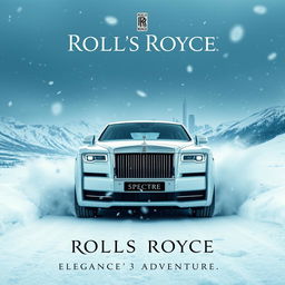 A cinematic movie poster featuring a white Rolls Royce Spectre amidst a snowy landscape