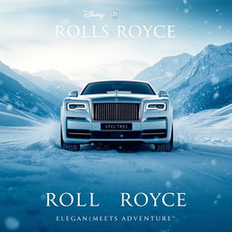 A cinematic movie poster featuring a white Rolls Royce Spectre amidst a snowy landscape