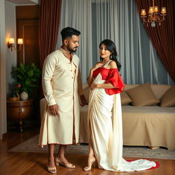 A Thailand adult film performer with alluring features, wearing an elegant muga chadar in cream, with a red mekhela and red blouse, paired with high heels, in a romantic and intimate oyo room setting with her partner