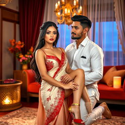 A Thailand adult film performer with alluring features, wearing an elegant muga chadar in cream, with a red mekhela and red blouse, paired with high heels, in a romantic and intimate oyo room setting with her partner