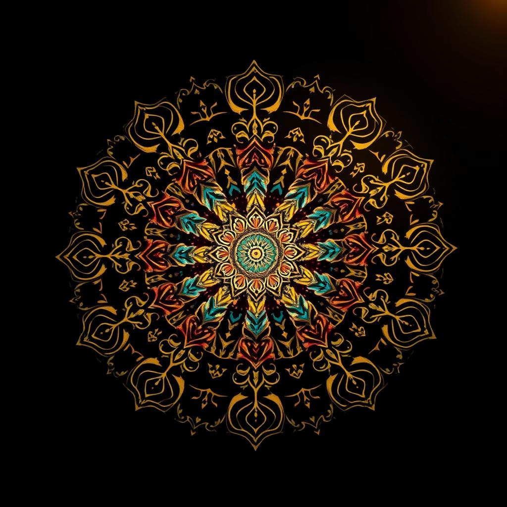 A beautifully intricate mandala, set against a deep black background