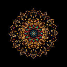 A beautifully intricate mandala, set against a deep black background