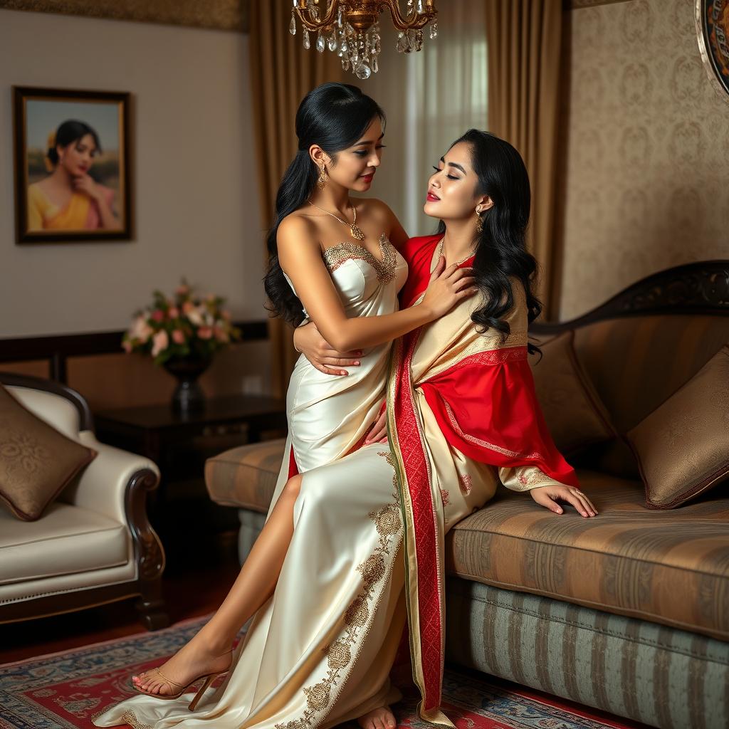 A Thailand adult film performer with captivating features, wearing an elegant muga chadar in cream, with a red mekhela and red blouse, paired with high heels, sharing an intimate and romantic moment with her partner in an oyo room setting