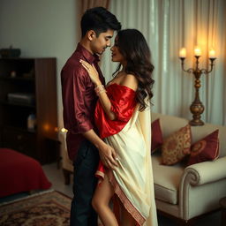 A Thailand adult film performer with captivating features, wearing an elegant muga chadar in cream, with a red mekhela and red blouse, paired with high heels, sharing an intimate and romantic moment with her partner in an oyo room setting