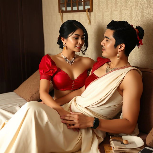 A Thailand adult film performer with captivating features, wearing an elegant muga chadar in cream, with a red mekhela and red blouse, paired with high heels, sharing an intimate and romantic moment with her partner in an oyo room setting