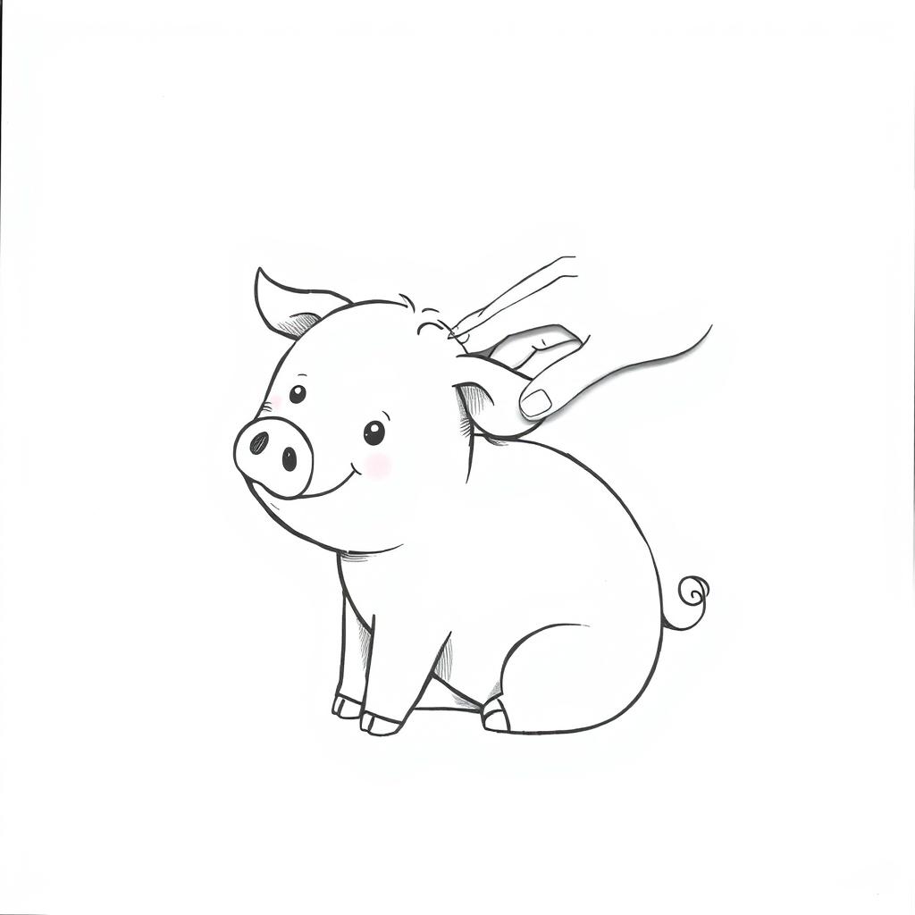 A charming black and white drawing featuring a cute pig being lovingly stroked