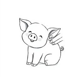 A charming black and white drawing featuring a cute pig being lovingly stroked