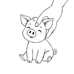 A charming black and white drawing featuring a cute pig being lovingly stroked