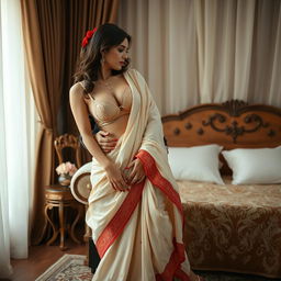 A sensual scene featuring a Thailand adult film performer, showcasing alluring curves adorned in a delicate bra, elegantly draped in a cream and red muga chadar, with a matching mekhela, red blouse, and high heels, sharing an intimate moment with her partner in an oyo room